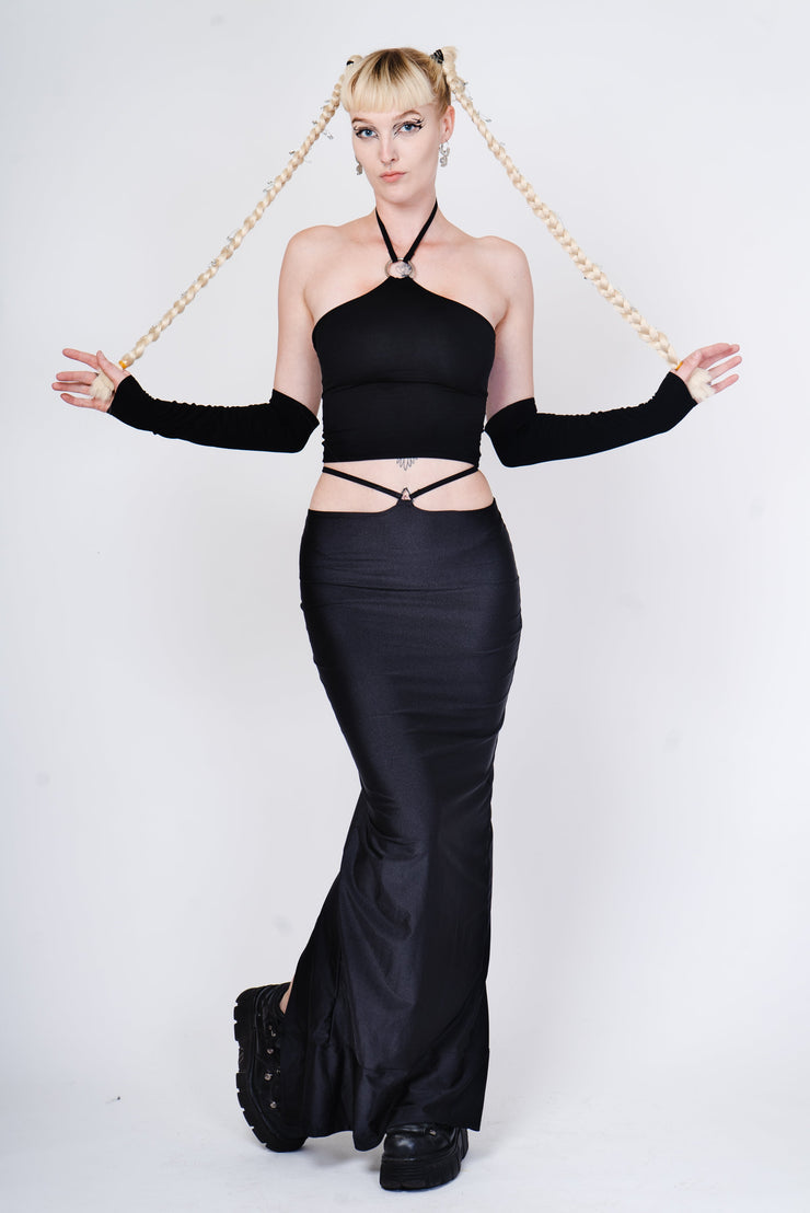 Floor length black with with tie on waist detail.