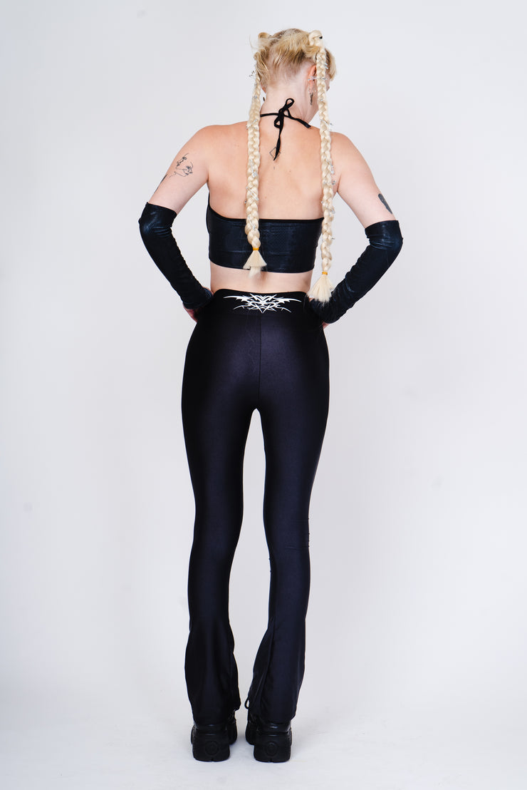 Strappy top made out of black snake fabric with matching sleeves in our "Lara croft" style from the back