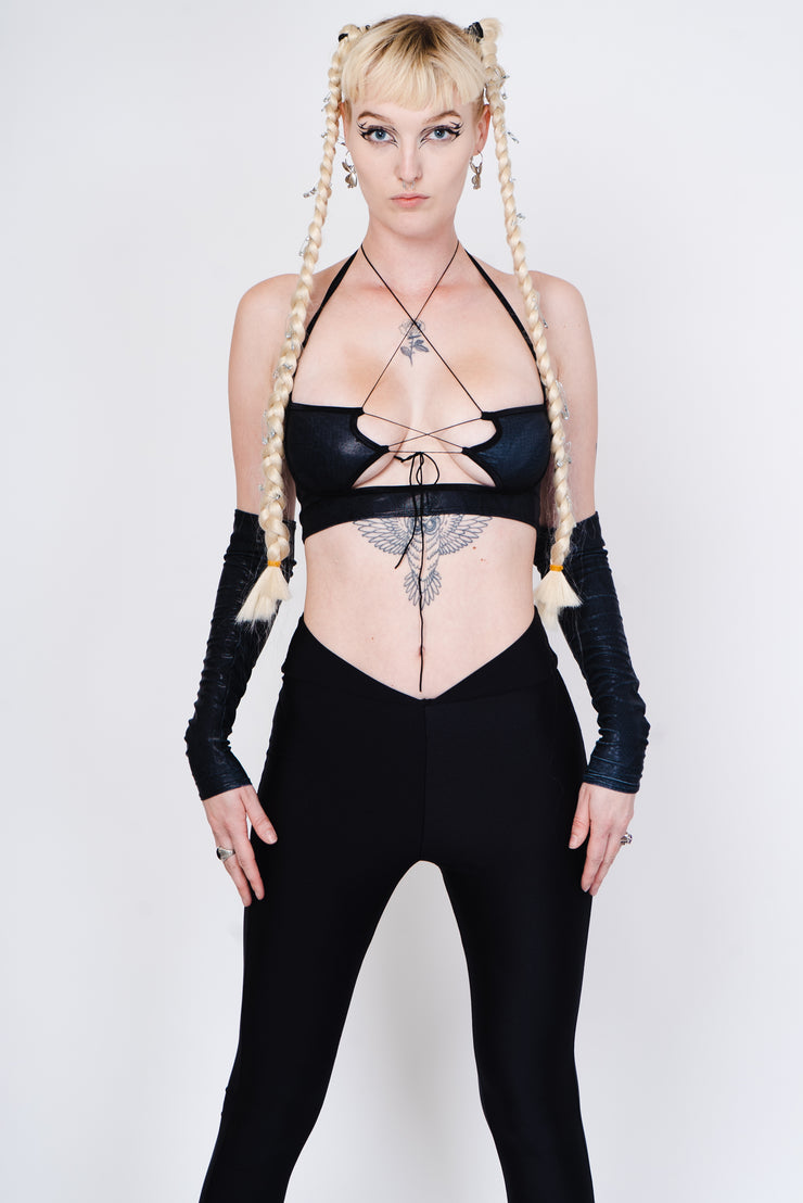 Strappy top made out of black snake fabric with matching sleeves in our "Lara croft" style