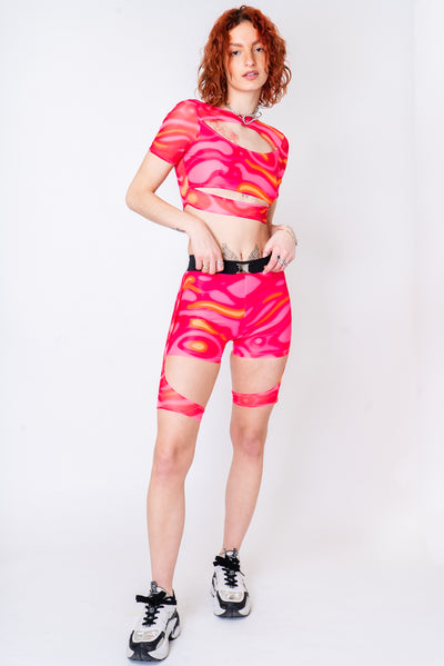 Neon pink and organge shorts with a layered fit.