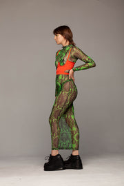 aGreen snake mesh, floor length dress.