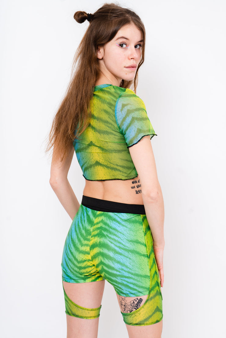 Neon green and blue tiger print see through mesh crop top.