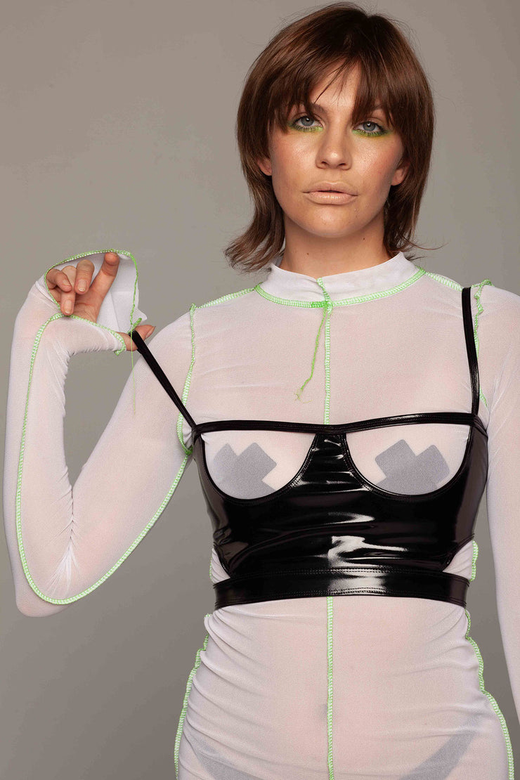 White mesh see through dress with neon green seams.