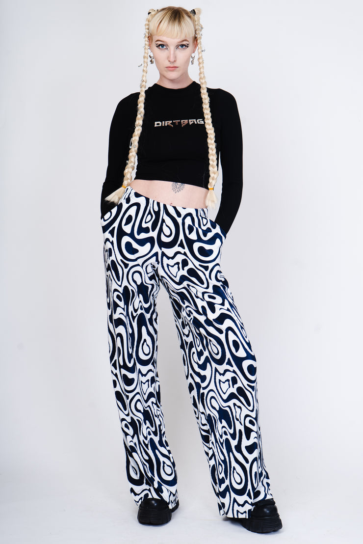 Black and white trippy print wide legged trousers.