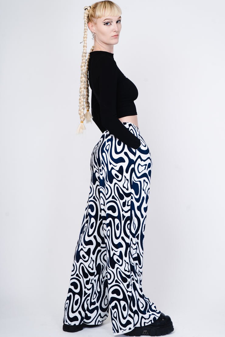 Black and white trippy print wide legged trousers.
