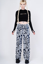Black and white trippy print wide legged trousers.