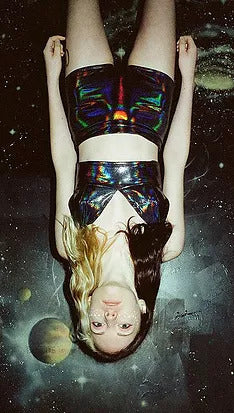 black crop top and shorts holographic and shiny